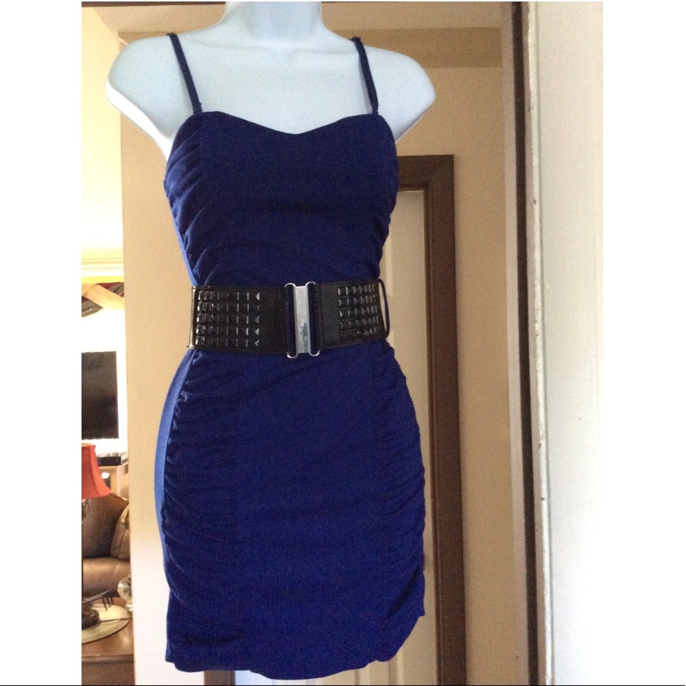 Royal Blue Mini Dress, with ruche detail and belt